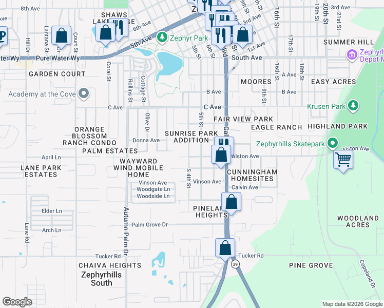 map of restaurants, bars, coffee shops, grocery stores, and more near 4508 Plum Street in Zephyrhills