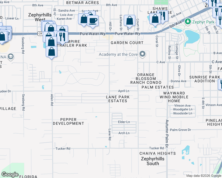 map of restaurants, bars, coffee shops, grocery stores, and more near 37503 Auric Terrace in Zephyrhills