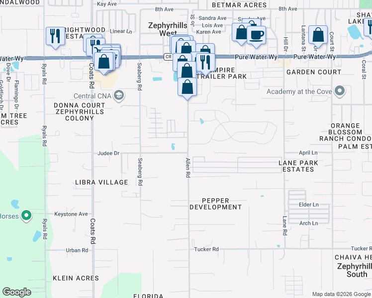 map of restaurants, bars, coffee shops, grocery stores, and more near 4517 Allen Road in Zephyrhills