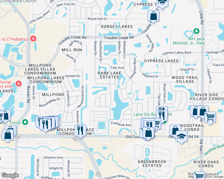 map of restaurants, bars, coffee shops, grocery stores, and more near 4400 Swallowtail Drive in Port Richey