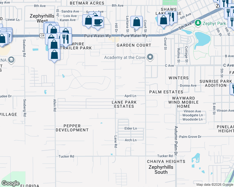 map of restaurants, bars, coffee shops, grocery stores, and more near 4512 Lane Road in Zephyrhills