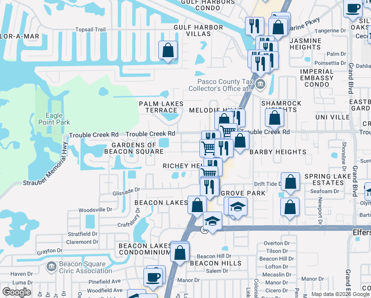 map of restaurants, bars, coffee shops, grocery stores, and more near 4636 Cottonwood Drive in New Port Richey
