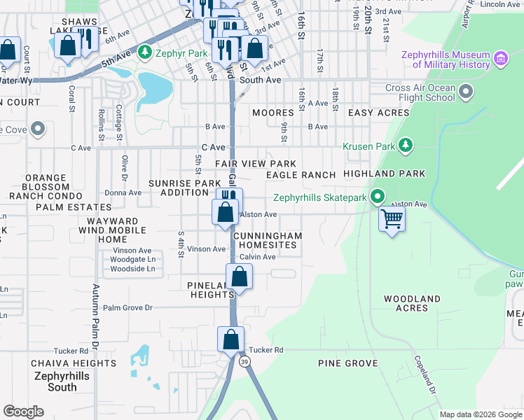 map of restaurants, bars, coffee shops, grocery stores, and more near 4444 Clay Street in Zephyrhills