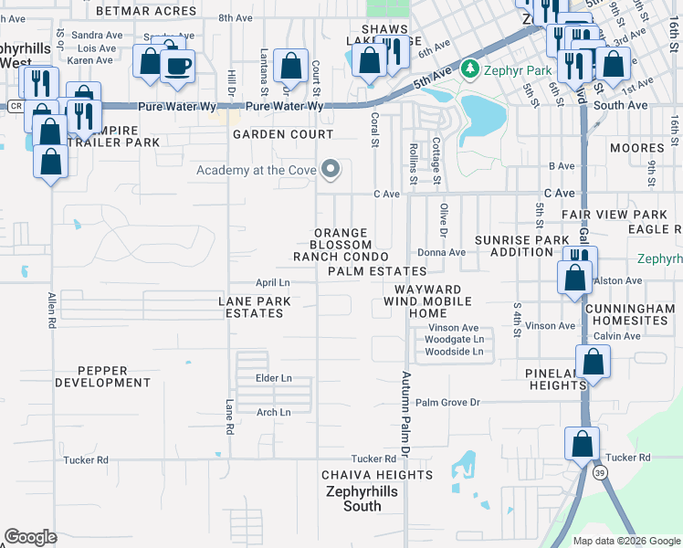 map of restaurants, bars, coffee shops, grocery stores, and more near 37840 Prairie Rose Loop in Zephyrhills
