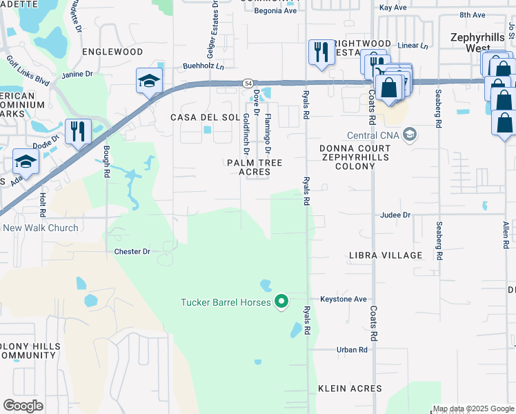 map of restaurants, bars, coffee shops, grocery stores, and more near 4434 Firelane Road in Zephyrhills