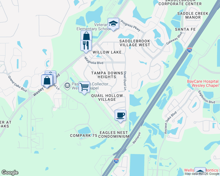 map of restaurants, bars, coffee shops, grocery stores, and more near 4525 Debbie Lane in Lutz