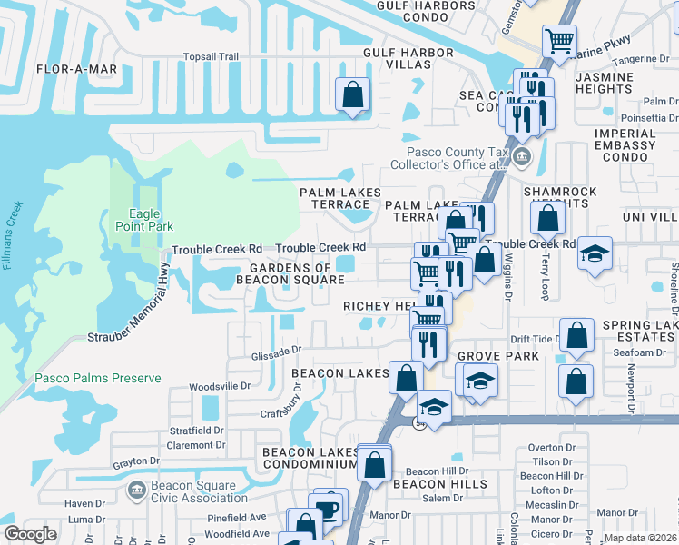 map of restaurants, bars, coffee shops, grocery stores, and more near 4505 Cottonwood Drive in New Port Richey