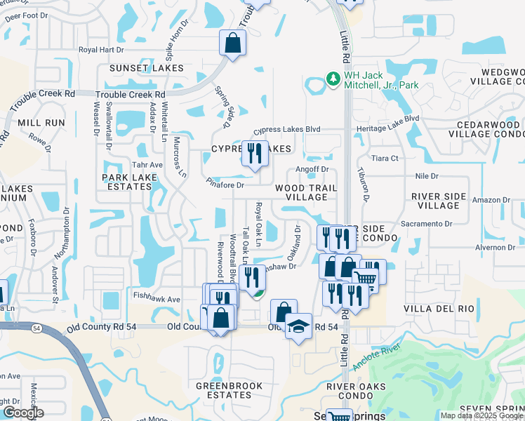 map of restaurants, bars, coffee shops, grocery stores, and more near 4414 Royal Oak Lane in New Port Richey