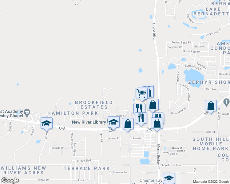 map of restaurants, bars, coffee shops, grocery stores, and more near 4554 Crabapple Drive in Wesley Chapel
