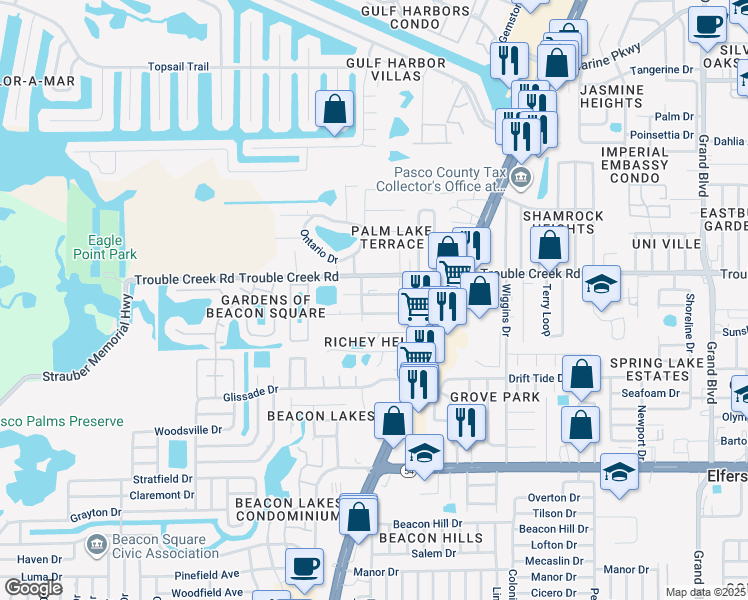 map of restaurants, bars, coffee shops, grocery stores, and more near 4632 Paloverde Drive in New Port Richey