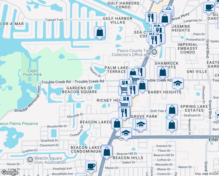 map of restaurants, bars, coffee shops, grocery stores, and more near 4636 Trouble Creek Road in Port Richey