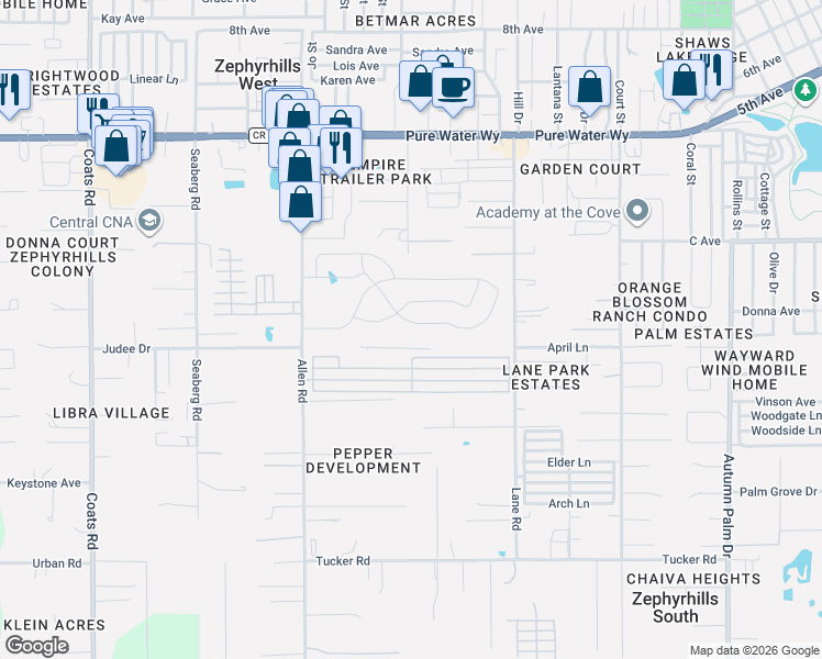 map of restaurants, bars, coffee shops, grocery stores, and more near 37330 Angel Wings Avenue in Zephyrhills