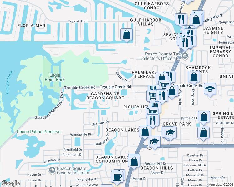 map of restaurants, bars, coffee shops, grocery stores, and more near 4475 Tucker Square in New Port Richey