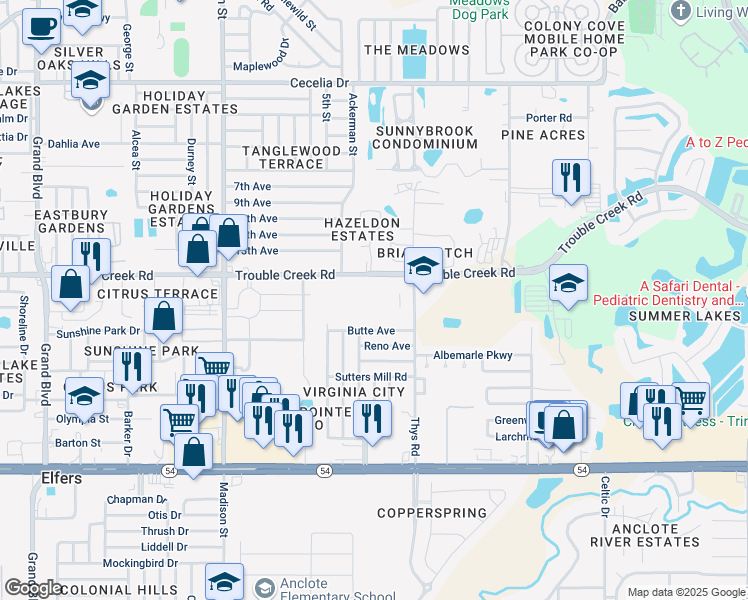 map of restaurants, bars, coffee shops, grocery stores, and more near 6410 Trouble Creek Road in New Port Richey