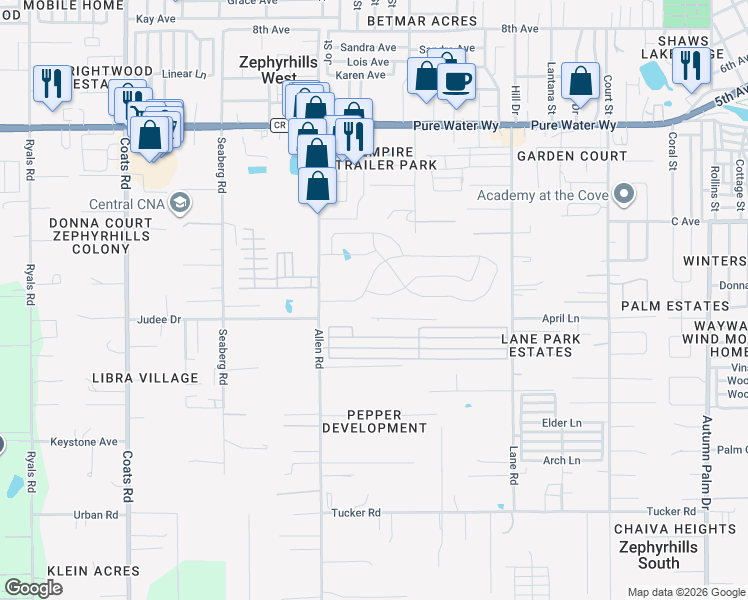map of restaurants, bars, coffee shops, grocery stores, and more near 37158 Angel Wings Avenue in Zephyrhills