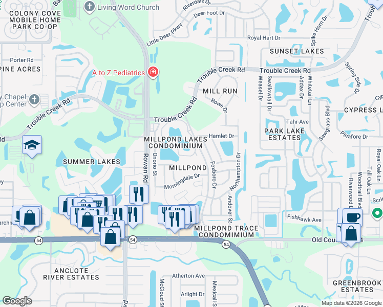 map of restaurants, bars, coffee shops, grocery stores, and more near 4443 Whitton Way in New Port Richey
