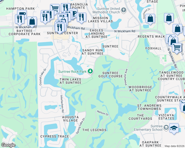 map of restaurants, bars, coffee shops, grocery stores, and more near Suntree Bicycle Path in Melbourne