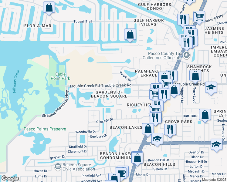 map of restaurants, bars, coffee shops, grocery stores, and more near 4448 Sunstate Drive in New Port Richey