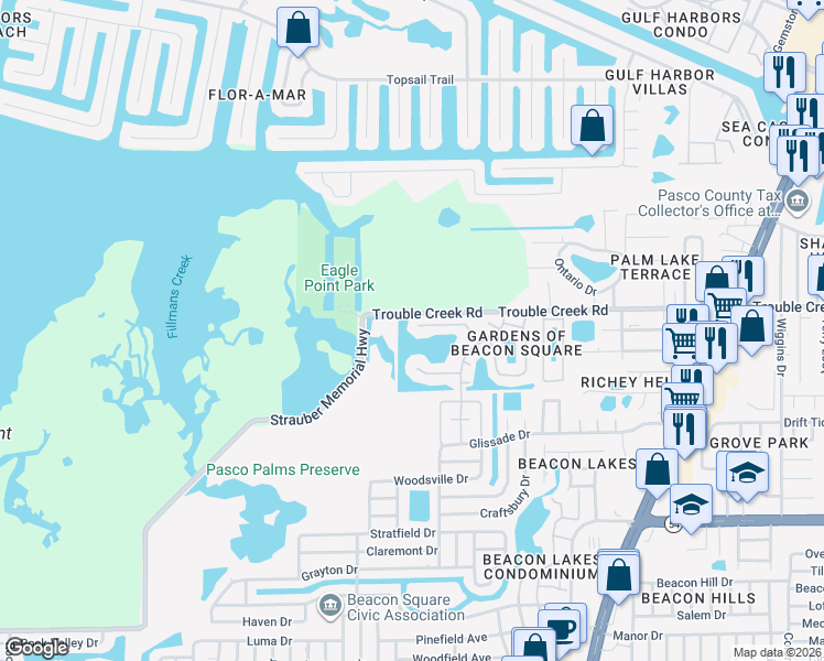 map of restaurants, bars, coffee shops, grocery stores, and more near 4123 Stratford Drive in New Port Richey