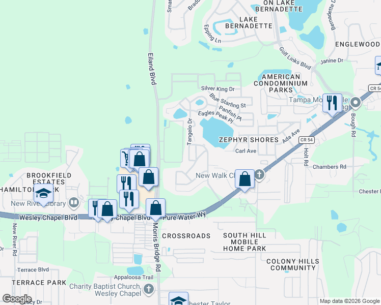 map of restaurants, bars, coffee shops, grocery stores, and more near Tangelo Dr in Zephyrhills