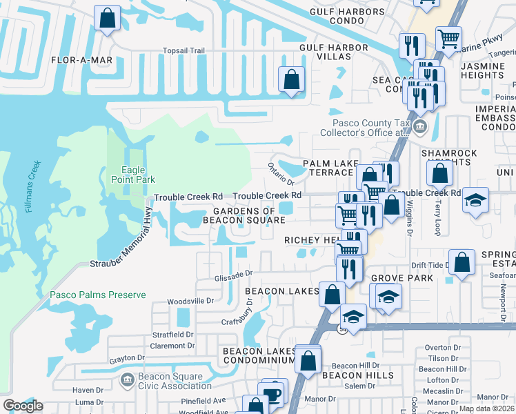 map of restaurants, bars, coffee shops, grocery stores, and more near 4448 Sunstate Drive in New Port Richey