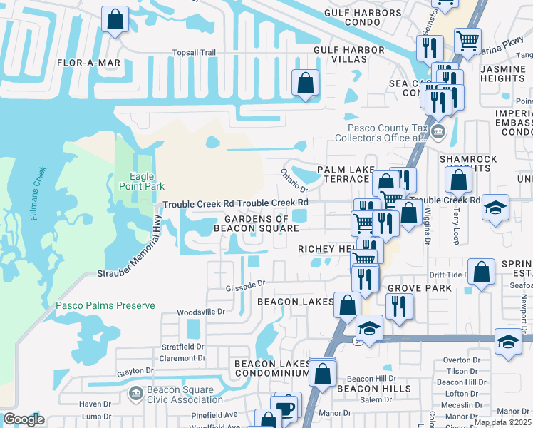 map of restaurants, bars, coffee shops, grocery stores, and more near 4448 Sunstate Drive in New Port Richey