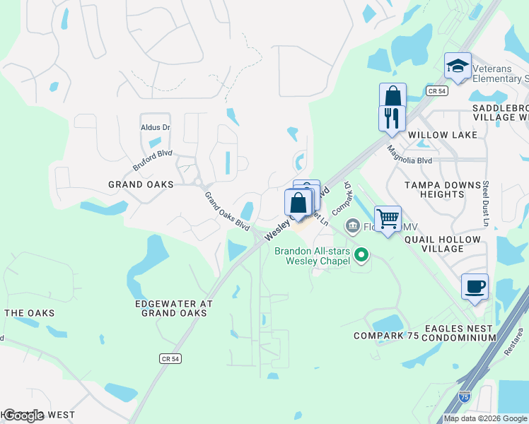 map of restaurants, bars, coffee shops, grocery stores, and more near 4633 Basswood Street in Land O' Lakes