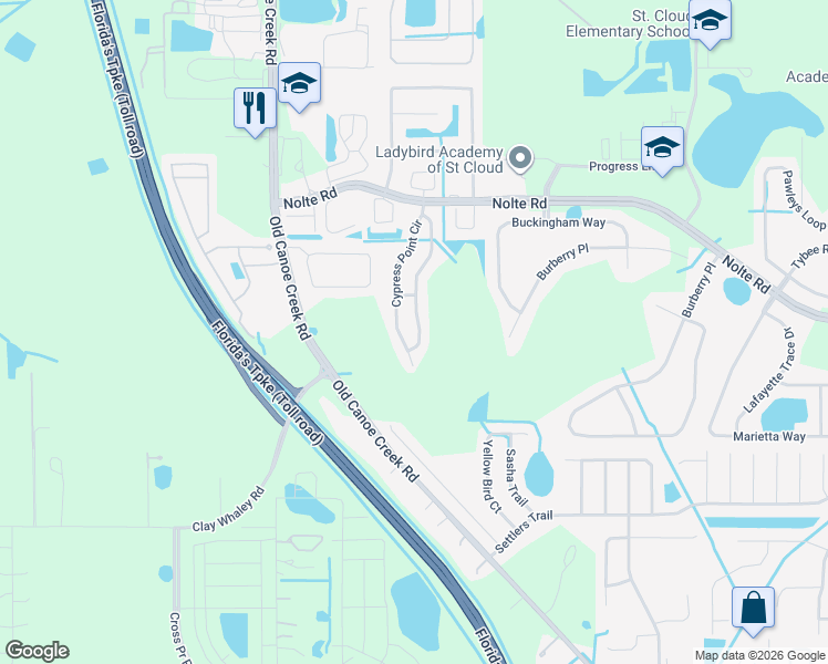 map of restaurants, bars, coffee shops, grocery stores, and more near 3383 Cypress Point Circle in St. Cloud