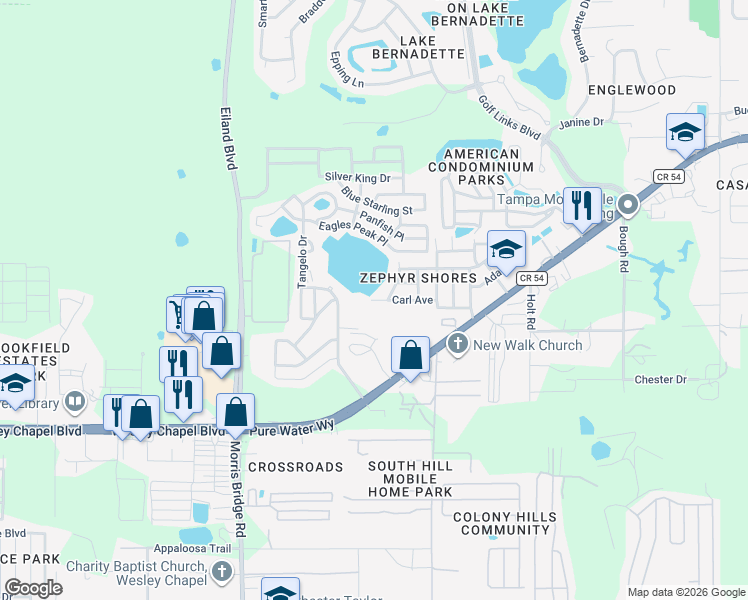 map of restaurants, bars, coffee shops, grocery stores, and more near 34901 Carl Avenue in Zephyrhills