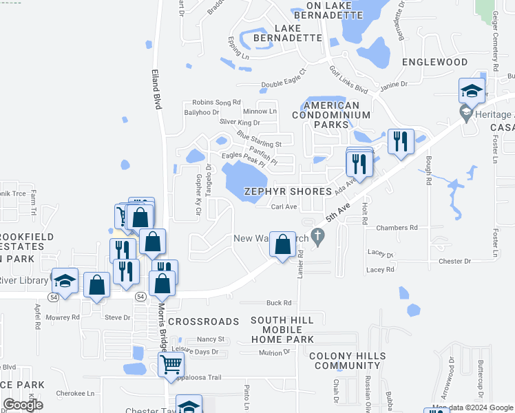 map of restaurants, bars, coffee shops, grocery stores, and more near 34901 Carl Avenue in Zephyrhills