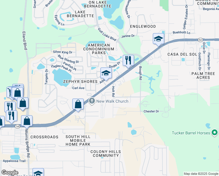 map of restaurants, bars, coffee shops, grocery stores, and more near 35162 Florida 54 in Zephyrhills