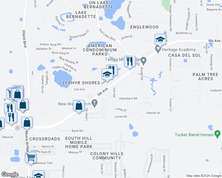 map of restaurants, bars, coffee shops, grocery stores, and more near 35162 Florida 54 in Zephyrhills