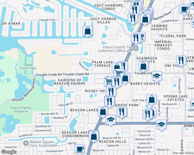 map of restaurants, bars, coffee shops, grocery stores, and more near 4636 Trouble Creek Road in Port Richey