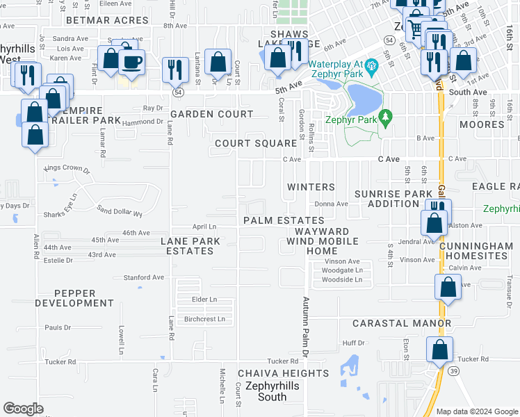 map of restaurants, bars, coffee shops, grocery stores, and more near 4531 Blossom Boulevard in Zephyrhills