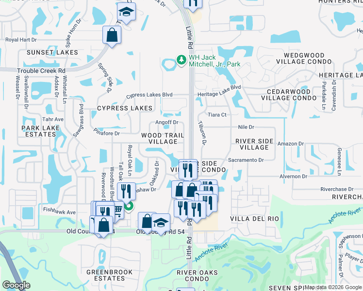 map of restaurants, bars, coffee shops, grocery stores, and more near 4440 County Breeze Drive in New Port Richey