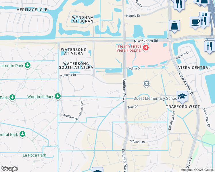 map of restaurants, bars, coffee shops, grocery stores, and more near 2667 Trasona Drive in Melbourne