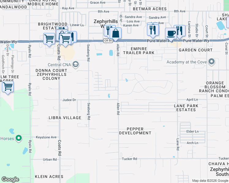 map of restaurants, bars, coffee shops, grocery stores, and more near 36945 Happy Days Drive in Zephyrhills