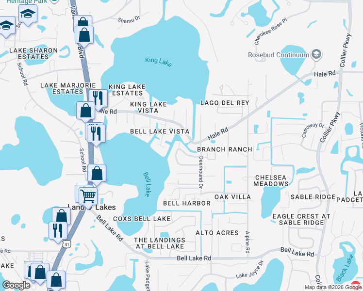 map of restaurants, bars, coffee shops, grocery stores, and more near 22153 East Lake Loop in Land O' Lakes