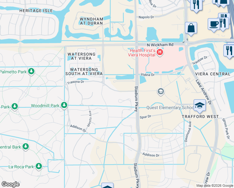 map of restaurants, bars, coffee shops, grocery stores, and more near 2733 Trasona Drive in Melbourne