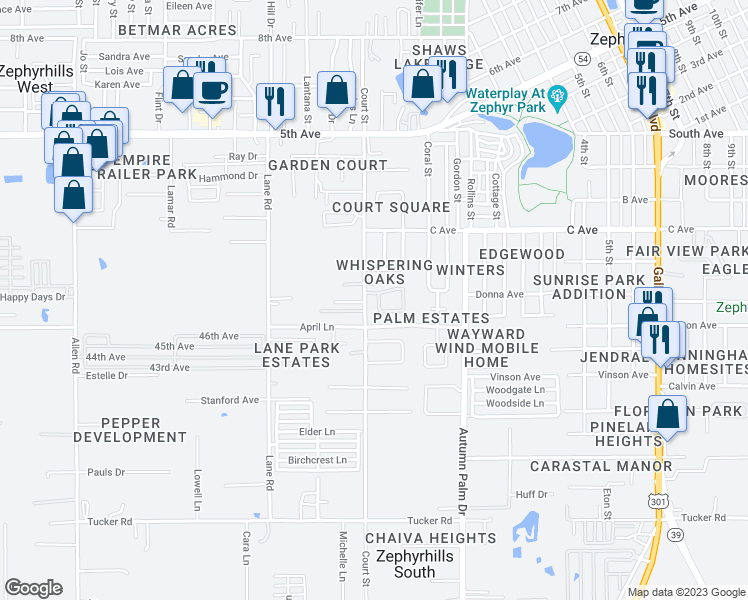 map of restaurants, bars, coffee shops, grocery stores, and more near 37724 Alissa Drive in Zephyrhills