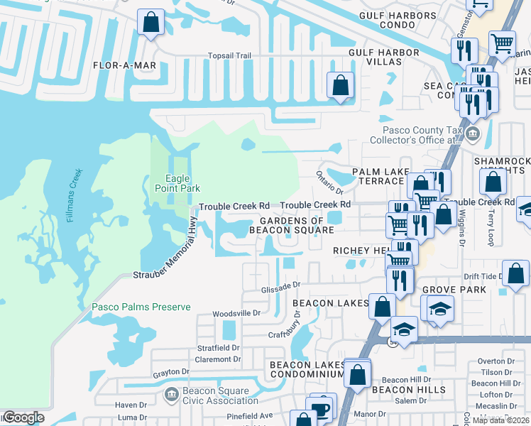 map of restaurants, bars, coffee shops, grocery stores, and more near 4459 Rustic Drive in New Port Richey
