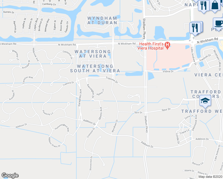 map of restaurants, bars, coffee shops, grocery stores, and more near Wyndham Drive in Melbourne