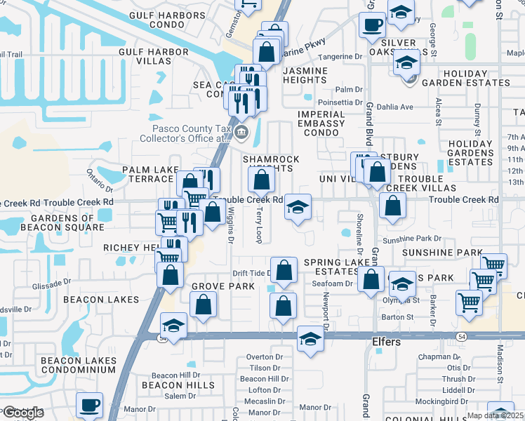 map of restaurants, bars, coffee shops, grocery stores, and more near 5116 Trouble Creek Road in Port Richey