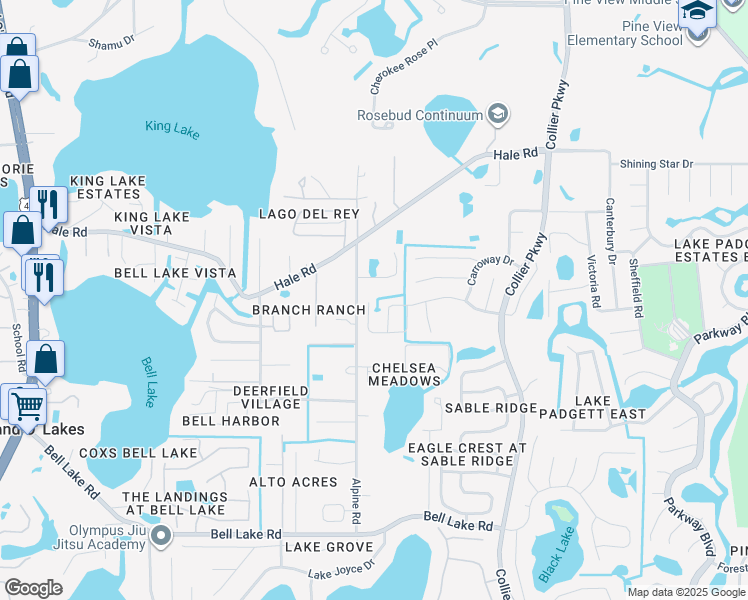 map of restaurants, bars, coffee shops, grocery stores, and more near 4735 Roundview Court in Land O' Lakes