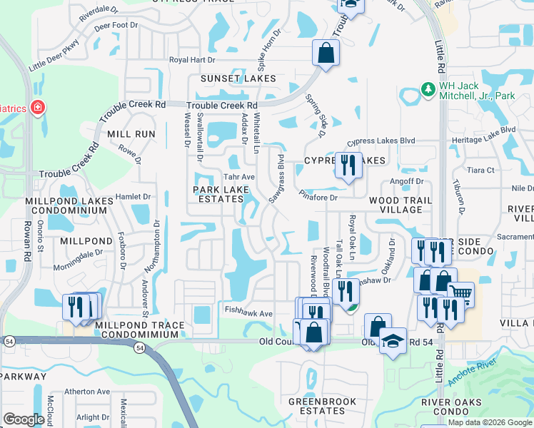map of restaurants, bars, coffee shops, grocery stores, and more near 4436 Sawgrass Boulevard in New Port Richey