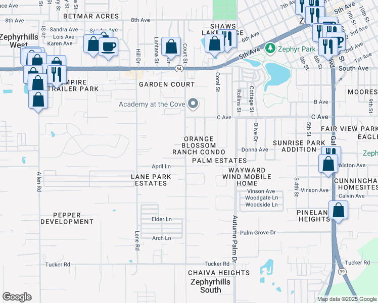 map of restaurants, bars, coffee shops, grocery stores, and more near 37722 Alissa Drive in Zephyrhills