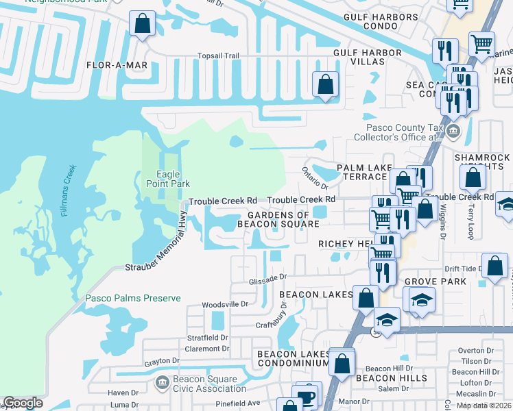 map of restaurants, bars, coffee shops, grocery stores, and more near 4459 Rustic Drive in New Port Richey