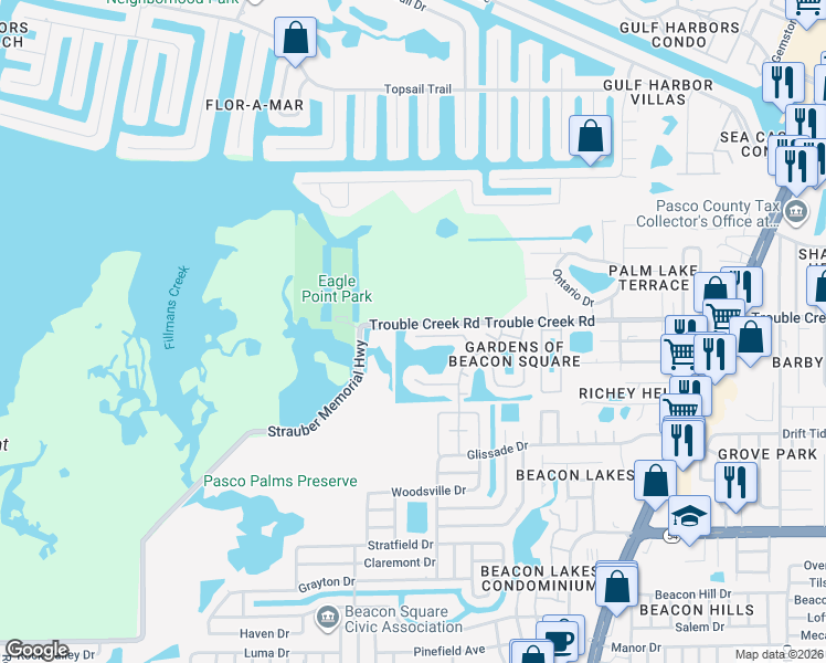 map of restaurants, bars, coffee shops, grocery stores, and more near 4123 Stratford Drive in New Port Richey