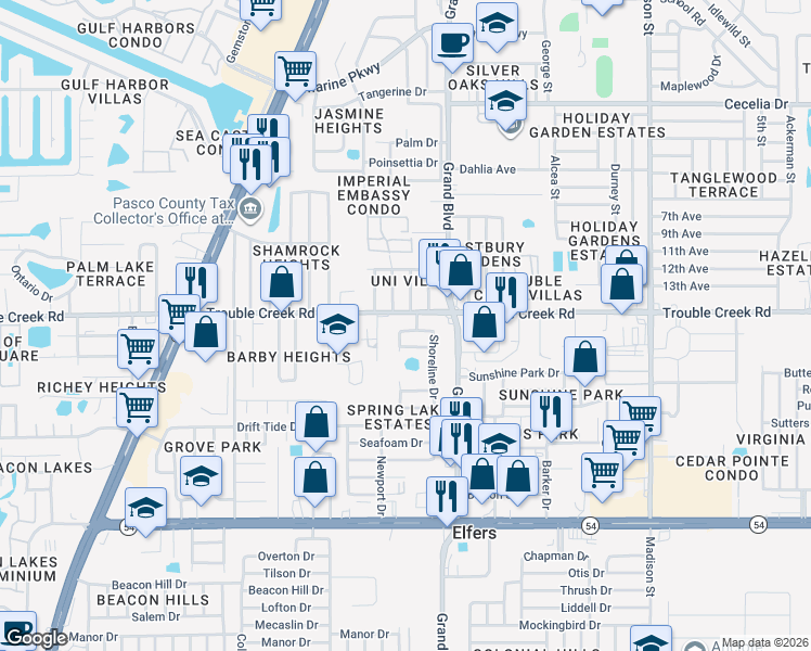 map of restaurants, bars, coffee shops, grocery stores, and more near 4445 Spring Lake Court in Port Richey