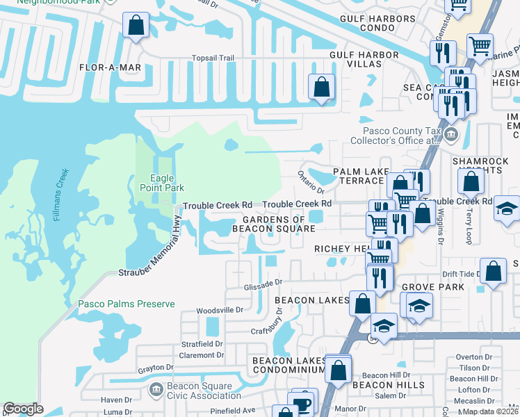 map of restaurants, bars, coffee shops, grocery stores, and more near 4459 Rustic Drive in New Port Richey